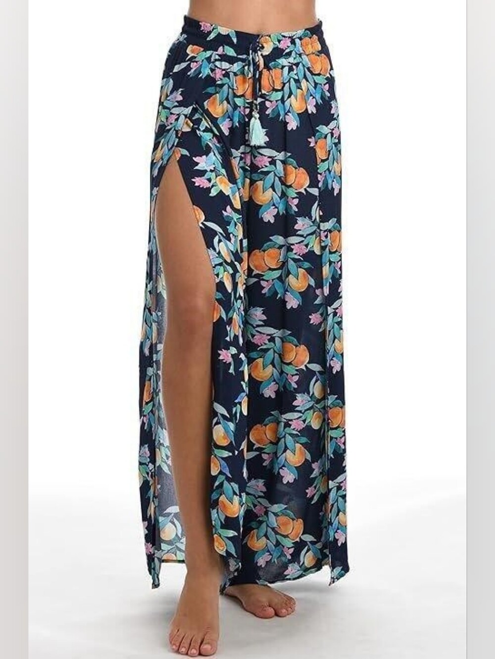 Sunshine 79 Floral Wide-Leg Navy Orange Beach Pants with Slits - Size: L - NWT - Picture 2 of 5